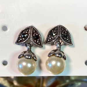 Dainty Sterling Silver Faux Pearl & Natural Thailand Marcasite Drop Earrings 925